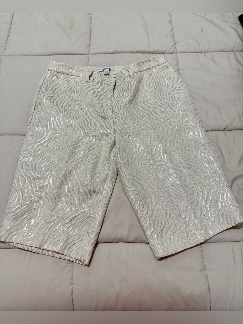 New York & Company Cream Metallic Zebra-Pattern Flat Front Shorts
